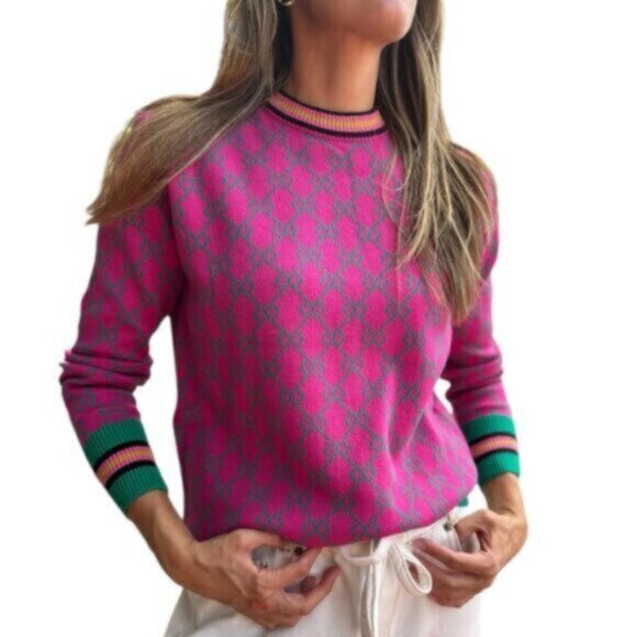 Vibrant Pink Geometric Pattern Sweater with Green Accents and Striped Trim - Picture 3 of 11